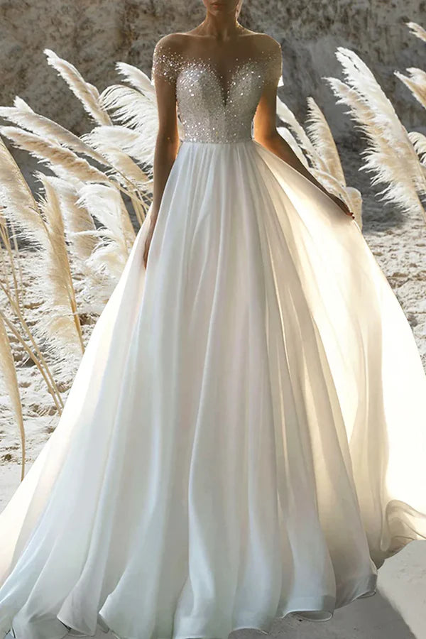 Luolandi A Line Beach Formal Short Sleeves Beading Wedding Dress Off Shoulder Sparkly